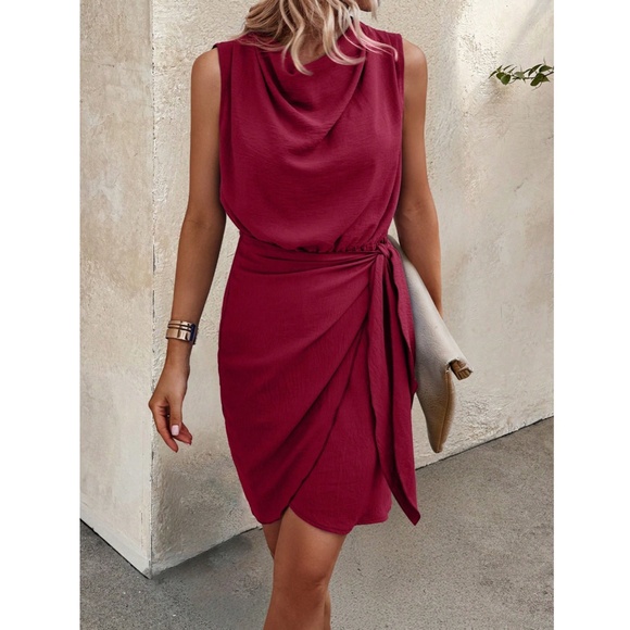 Burgundy Crinkle Mini Dress Draped Neck Wrap Overlapping Side Tie Skirt - Picture 1 of 6